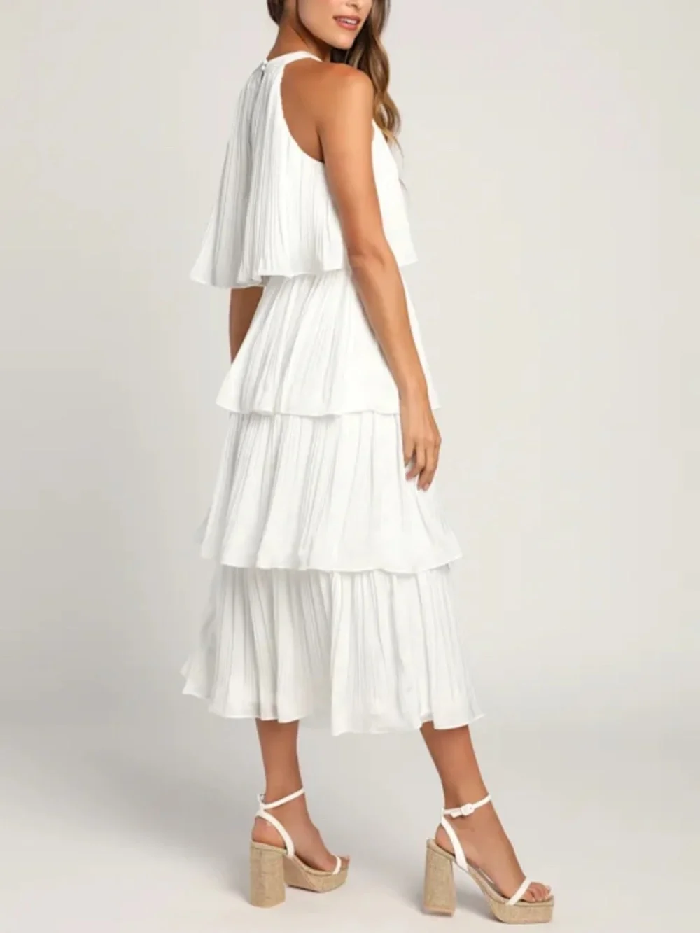 Size L Lulus Tier and Far White Tiered Pleated Halter Midi Dress - Picture 3 of 10